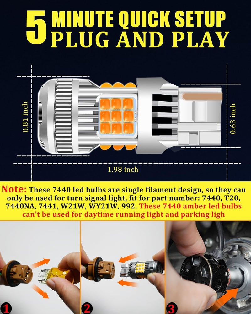 LEDYOTRY 7440 LED Bulb Amber Yellow 4000 Lumens for Turn Signal Lights, CANBUS Error Free, with Built-in Resistor, Anti Hyper Flash 7440NA WY21W T20 7441 W21W Blinker Bulb Replacement (Pack of 2) - Image 3